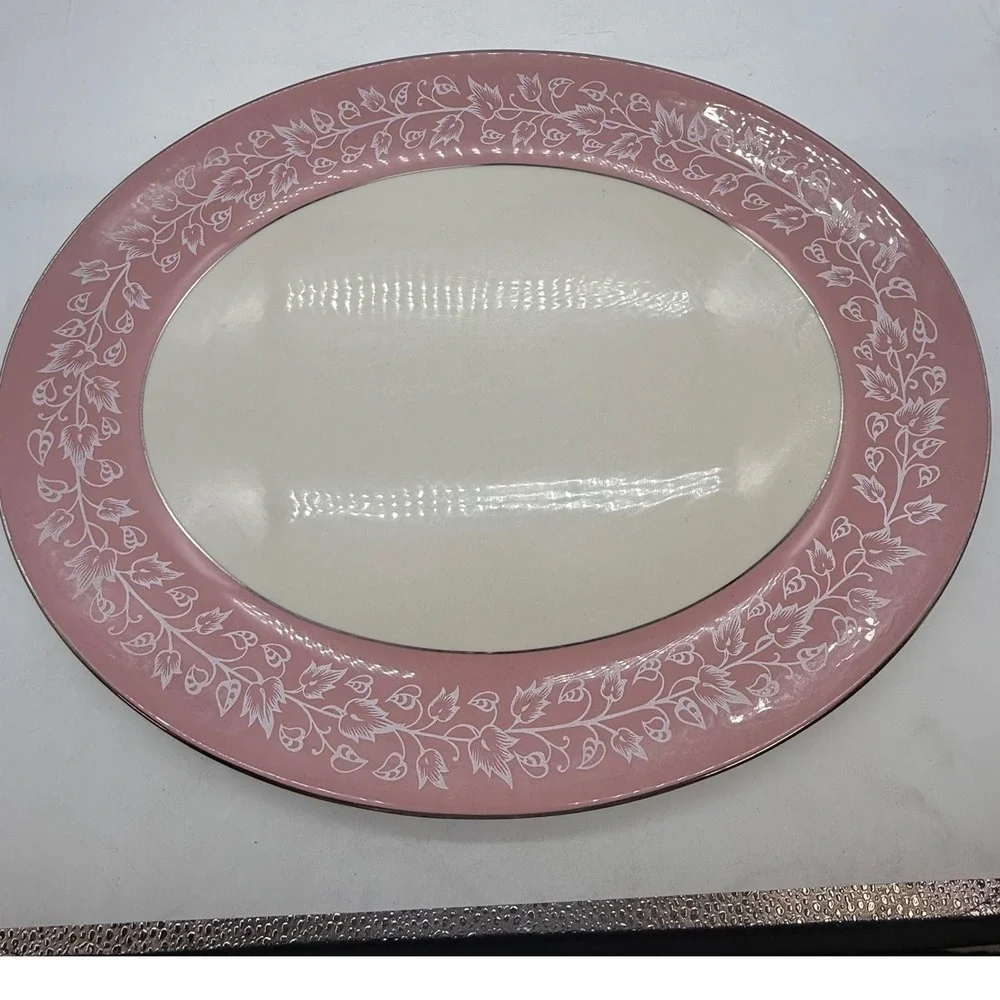 Flintridge China Pink White Floral Vine Oval Serving Platter California MCM‎ Vtg